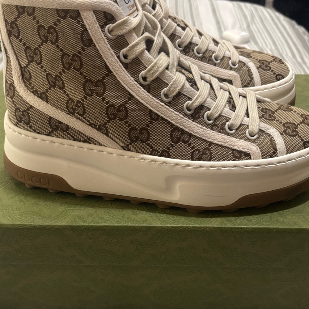 Gucci Beige Monogram High-Top Sneakers with Cream Accents - Picture 2 of 9